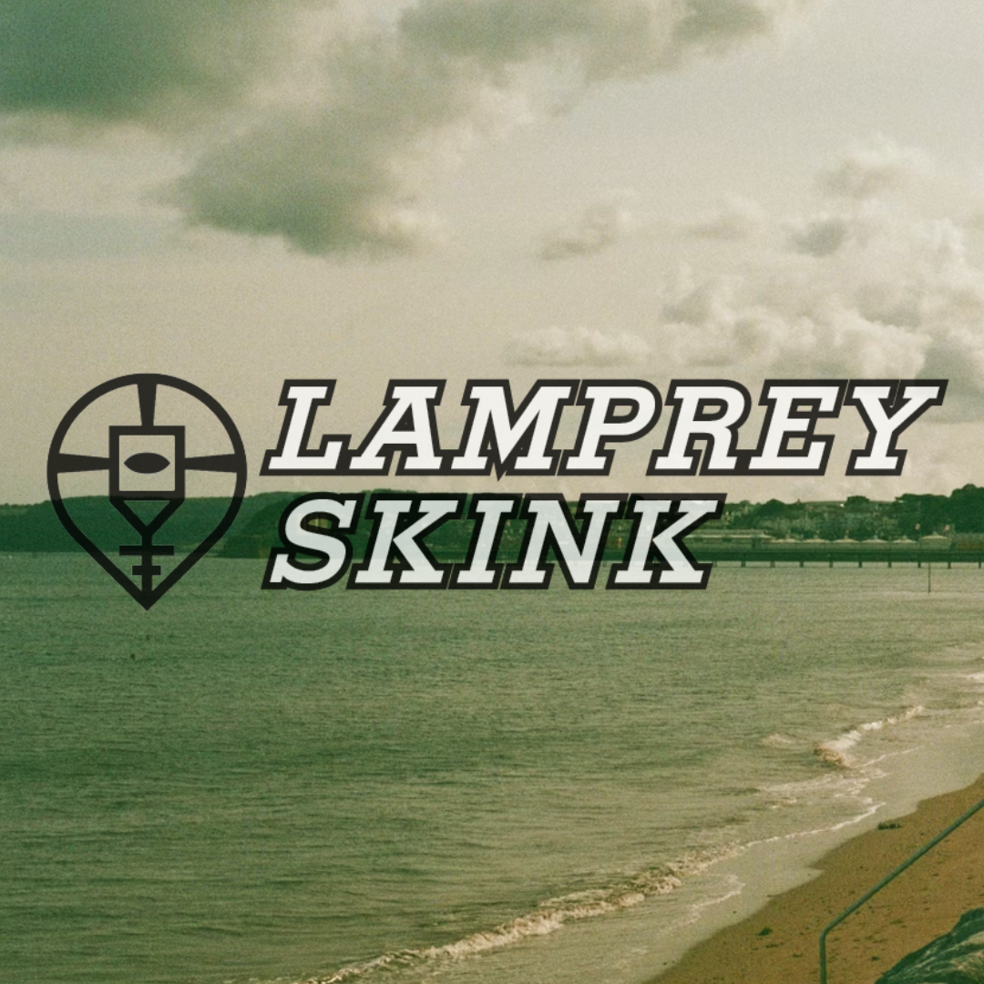 Image of a beach, Lamprey Skink overlaid in white writing
